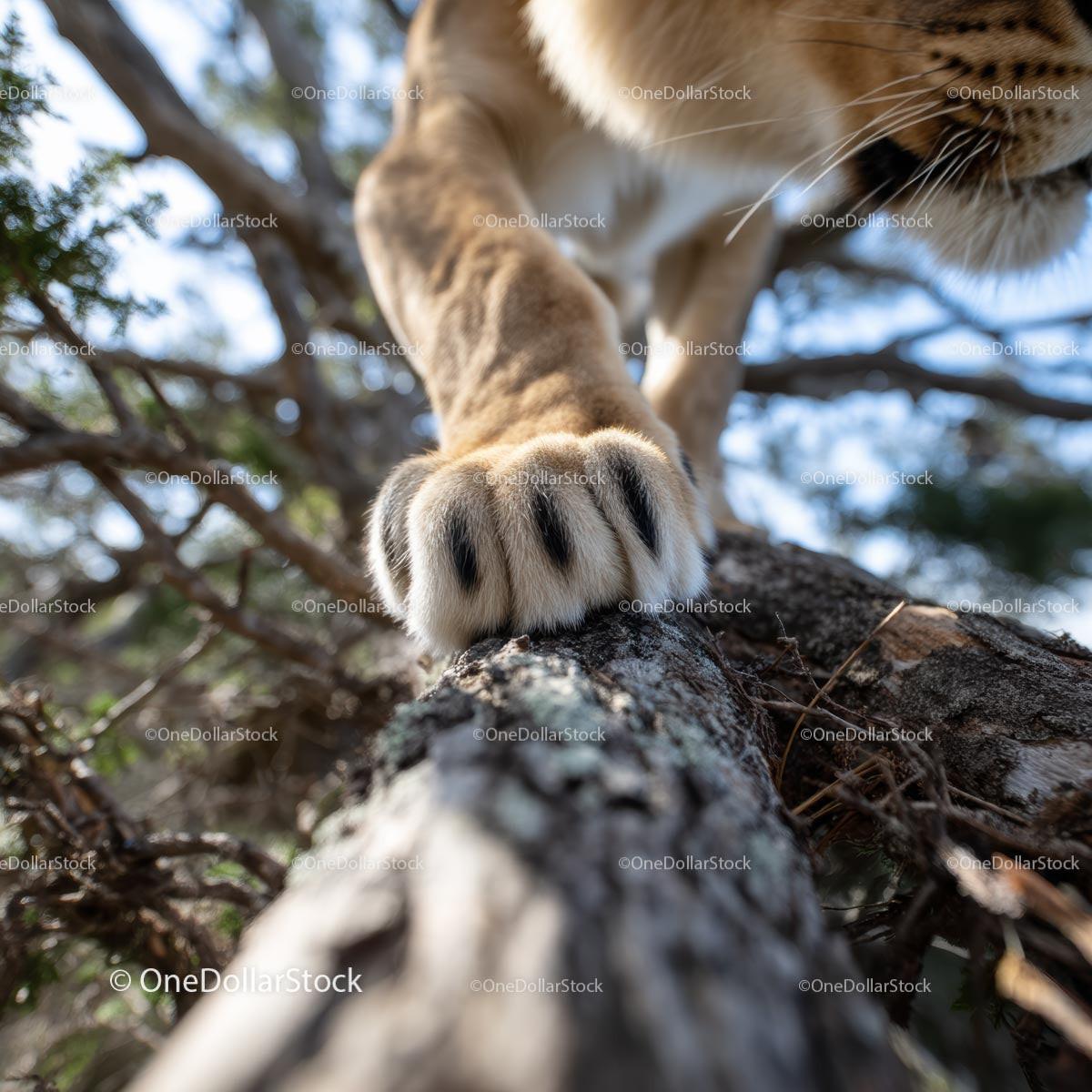 Lion Paw in Action: Feline Climbing the Tree