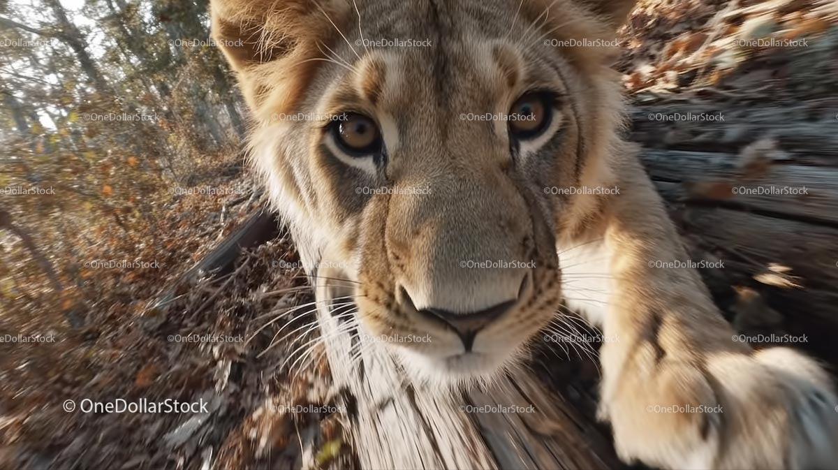 Close-Up of a Curious Young Lion in Autumn Forest