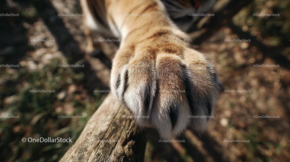 Close-Up of Majestic Tiger Paw on Wooden Log