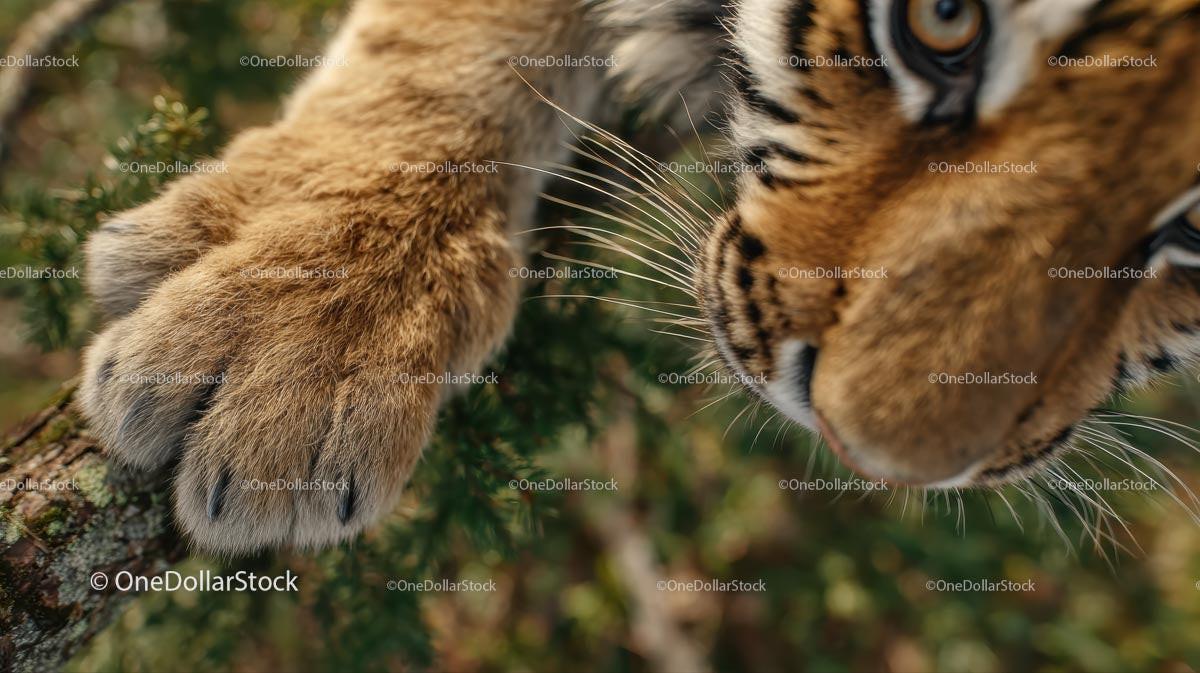 Close-Up of Tiger's Face and Paws in Natural Habitat