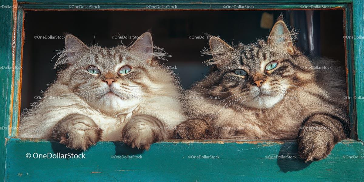 Fluffy Green-Eyed Cats Relaxing by the Window