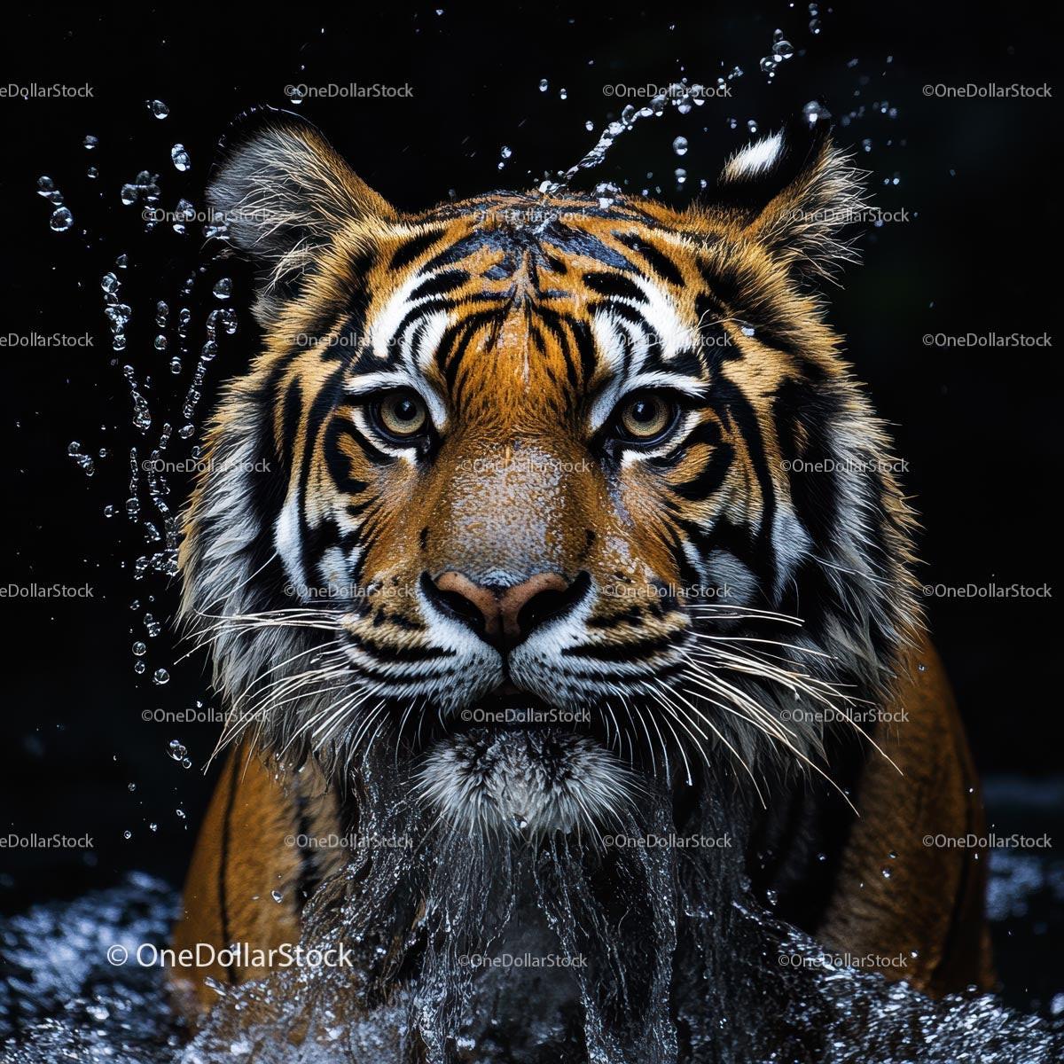 Fierce Tiger Emerging from Water with Splashes
