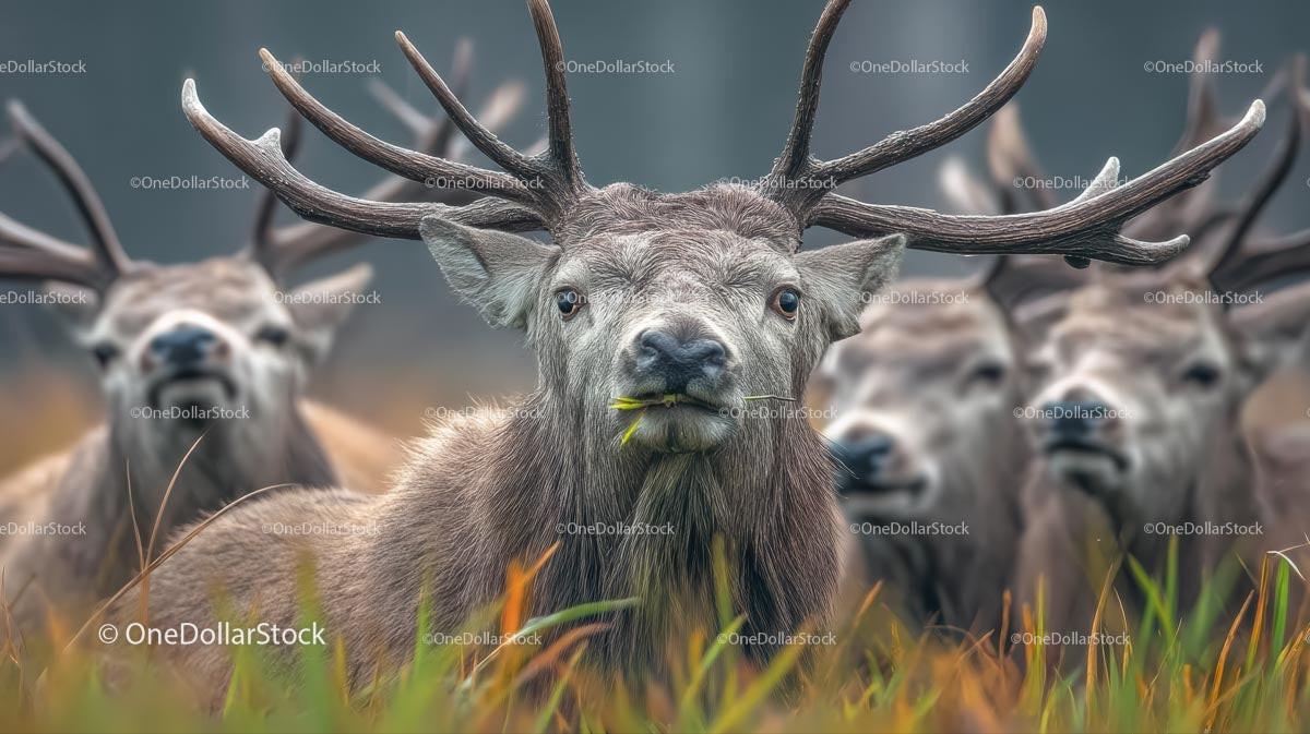 Majestic Stag in Lush Grassland with Herd