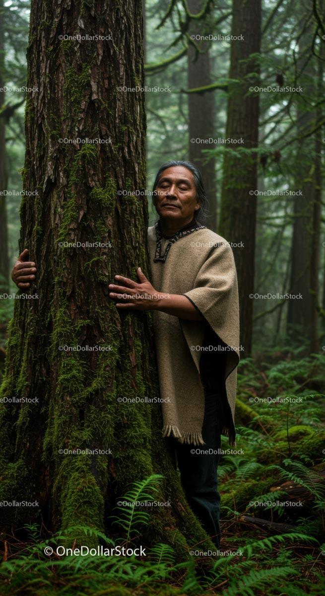 Peaceful Man Embracing Moss-Covered Tree in Lush Forest
