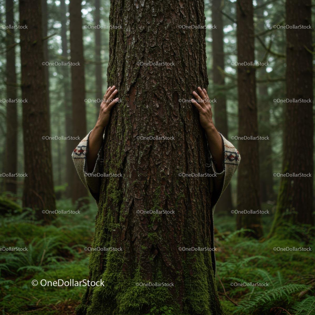 Hands Hugging Moss-Covered Tree in Misty Forest