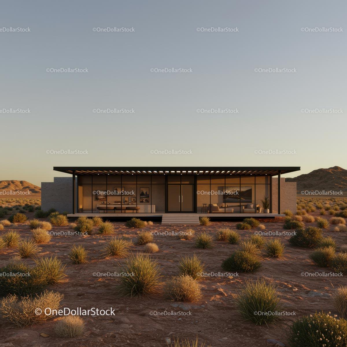 Modern Glass House in a Serene Desert Landscape