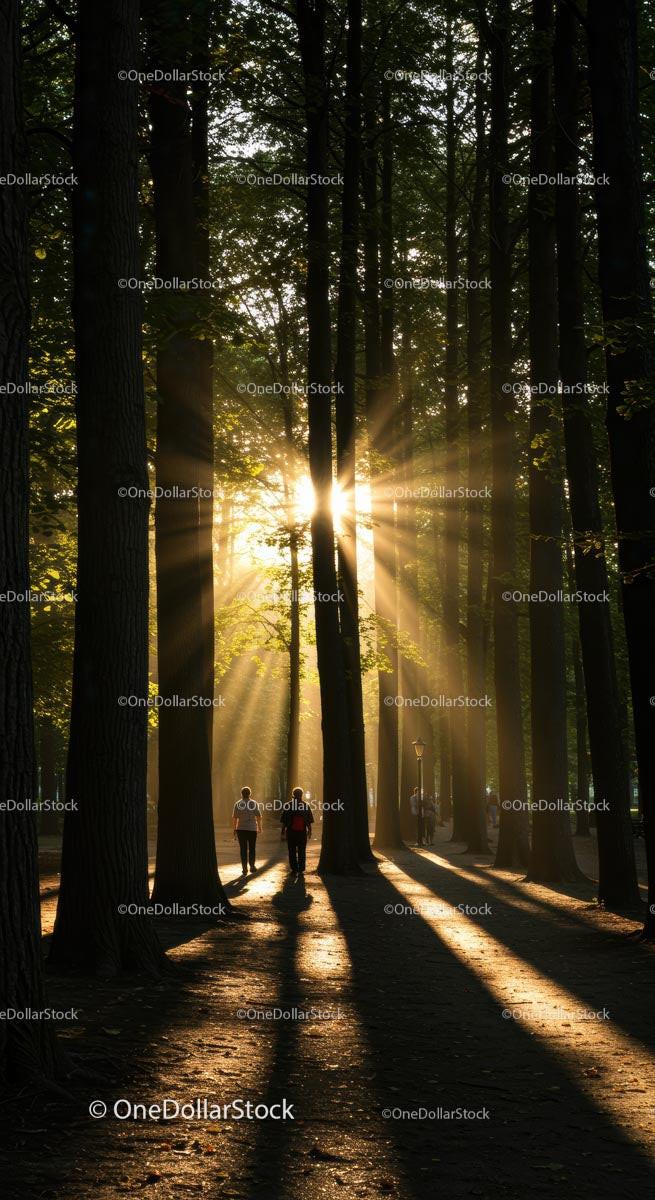 Sunlit Path Through Tranquil Forest at Dawn
