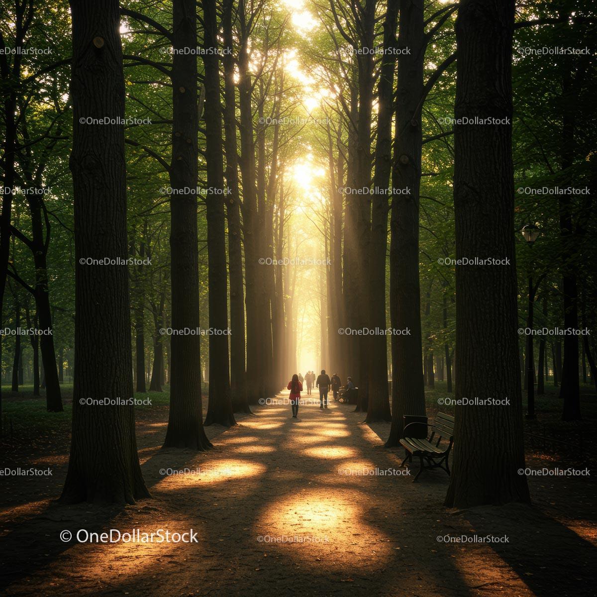 Sunlit Forest Path with People Walking at Sunset