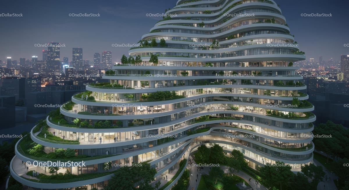 Futuristic Green Building in Night Cityscape