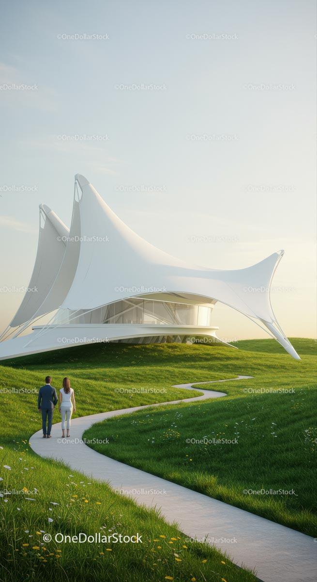 Futuristic Structure on a Green Landscape at Sunset