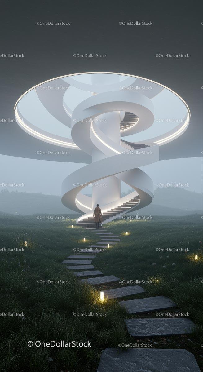 Futuristic Spiral Staircase in a Misty Landscape