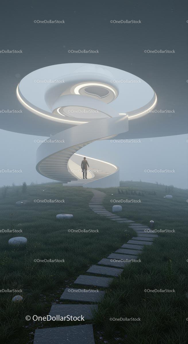 Futuristic Spiral Staircase in a Misty Landscape