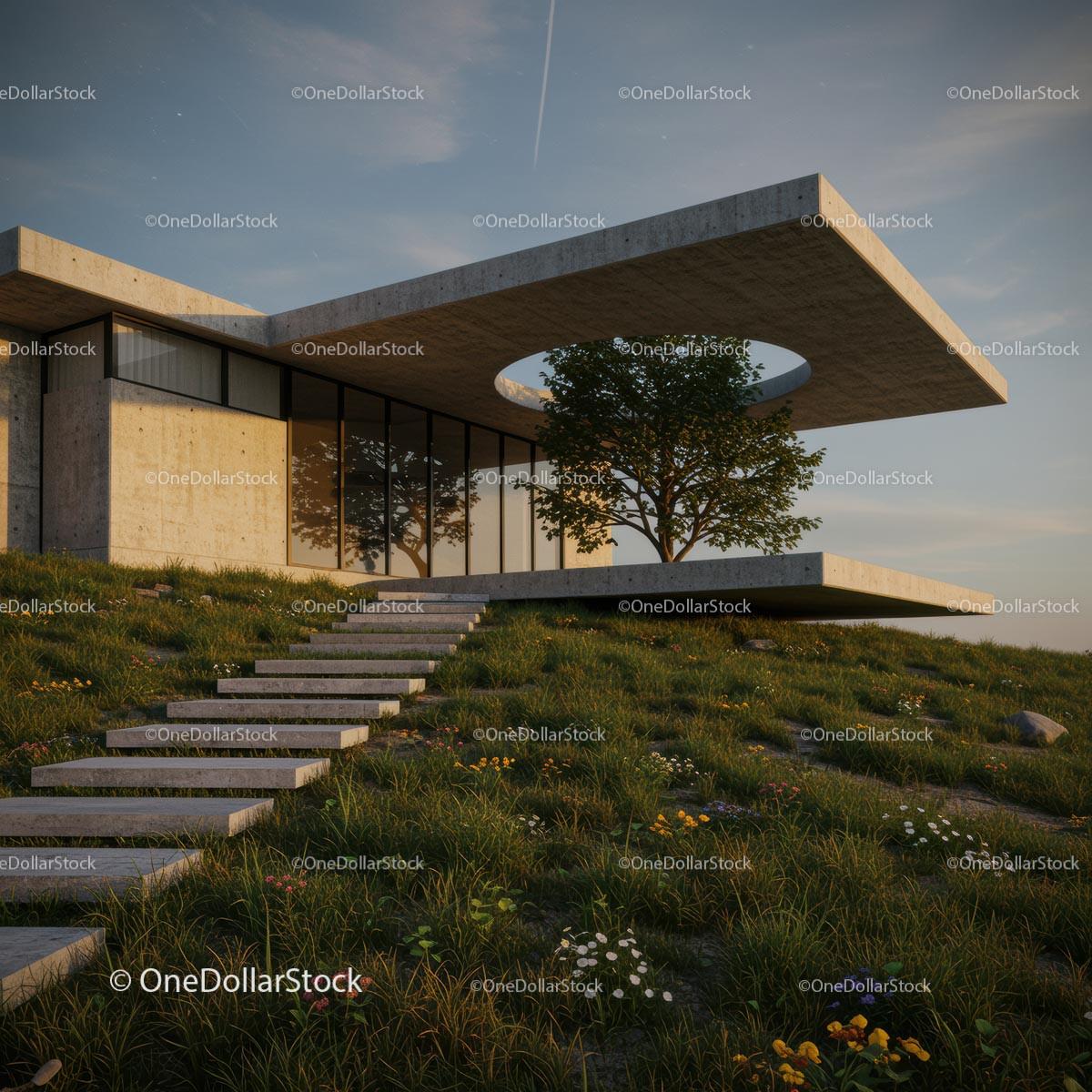 Modern Concrete House with Nature Integration and Sunset Glow