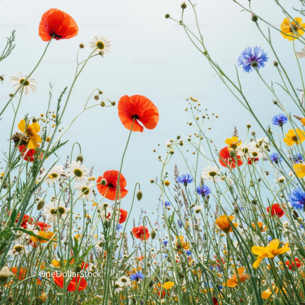 Colorful Wildflower Meadow with Poppies and Cornflowers