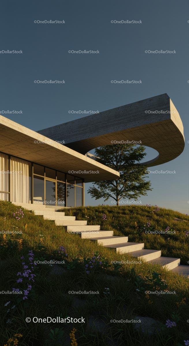 Modern Minimalist House with Green Roof and Concrete Design