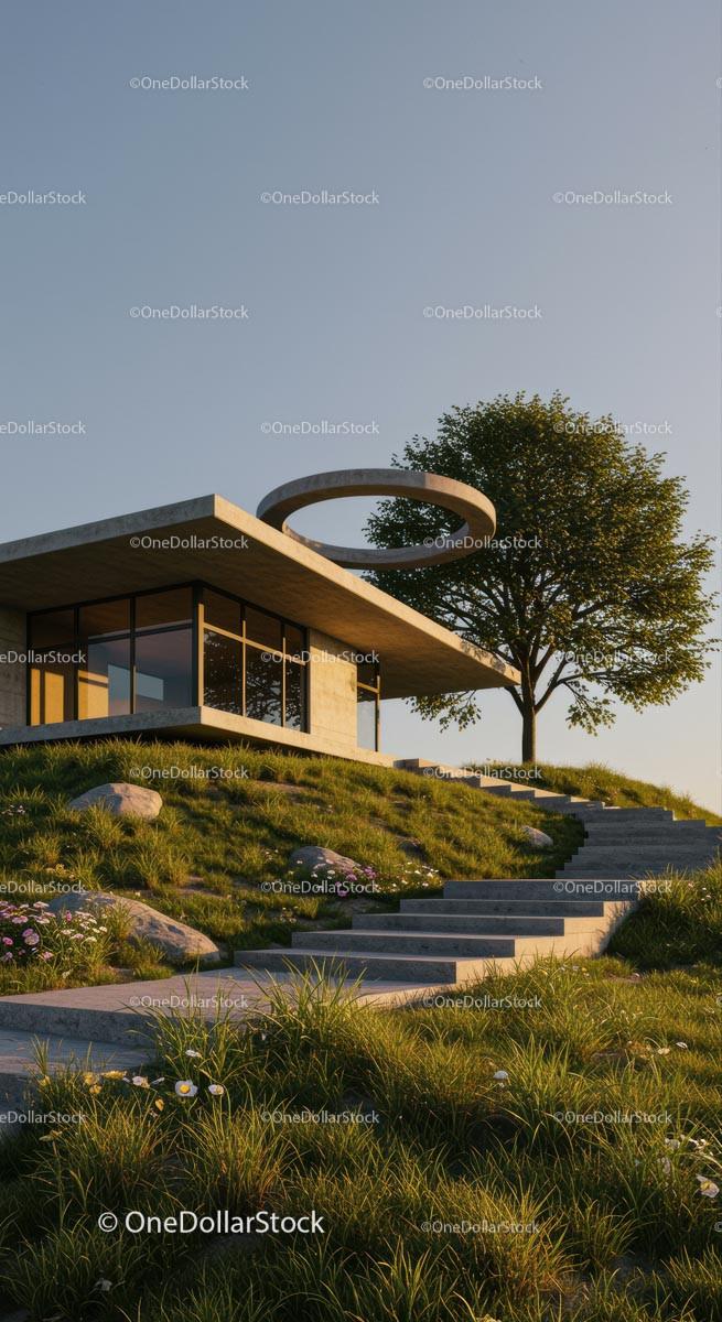 Modern Concrete House Amidst Lush Green Landscape