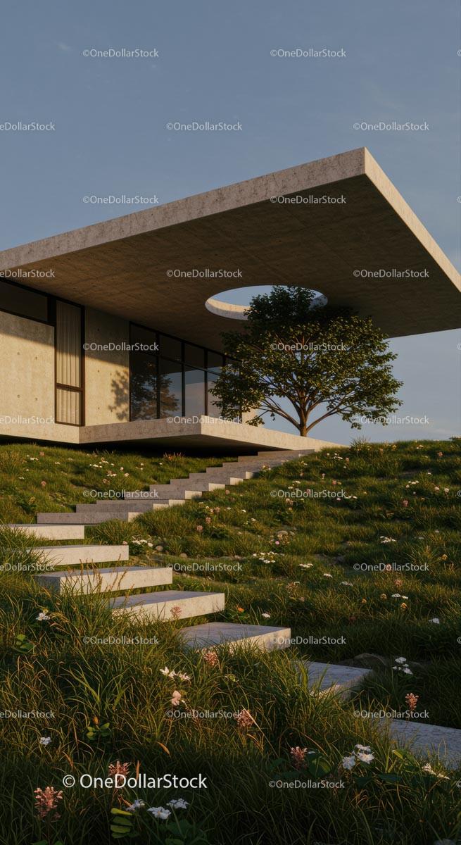 Modern Concrete House with Green Landscape and Tree
