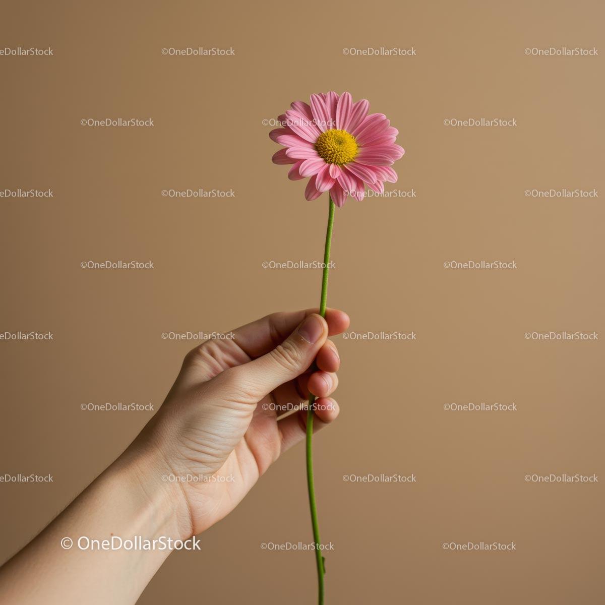 Pink Daisy Held Against a Soft Beige Background