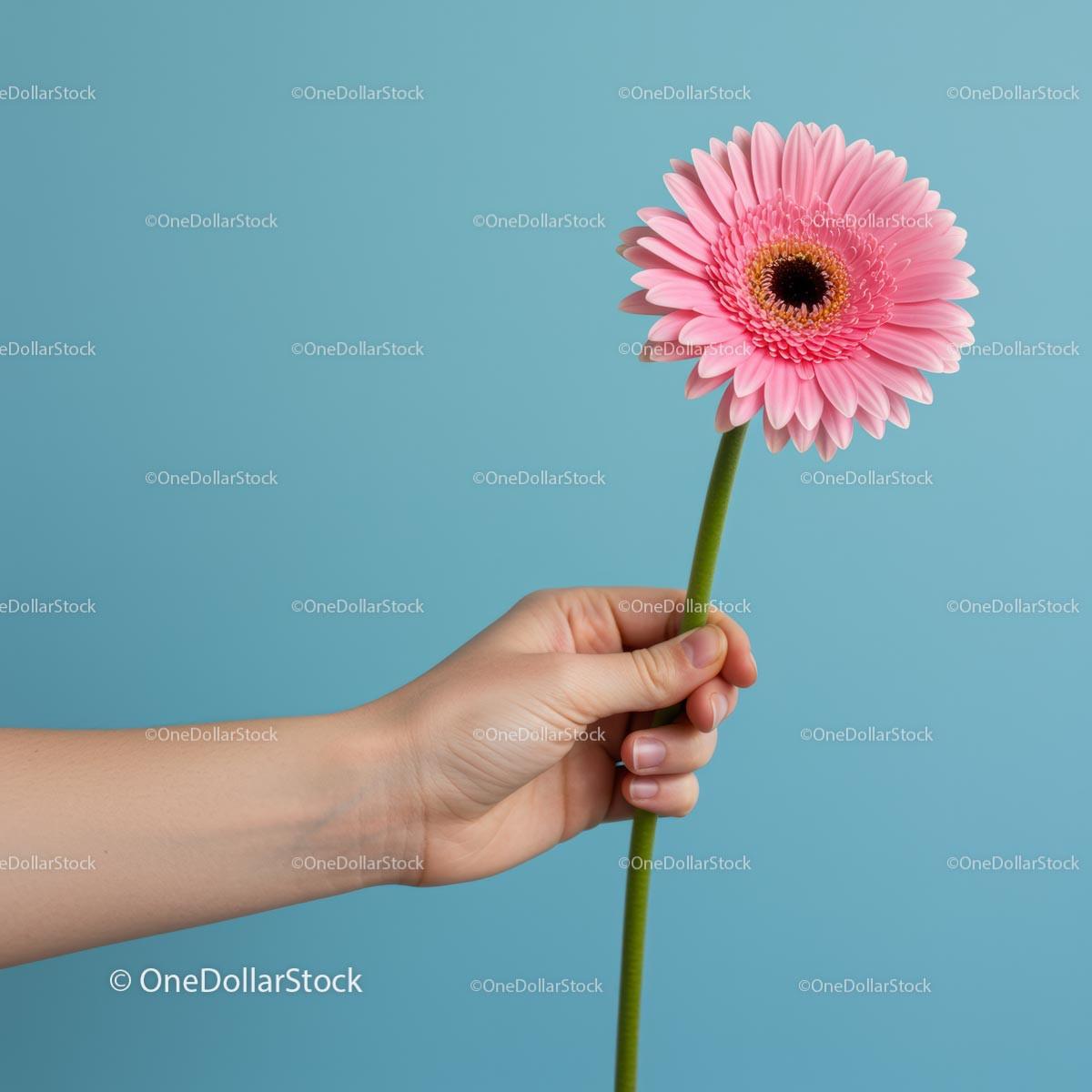 Hand Holding Pink Gerbera Against Blue Backdrop
