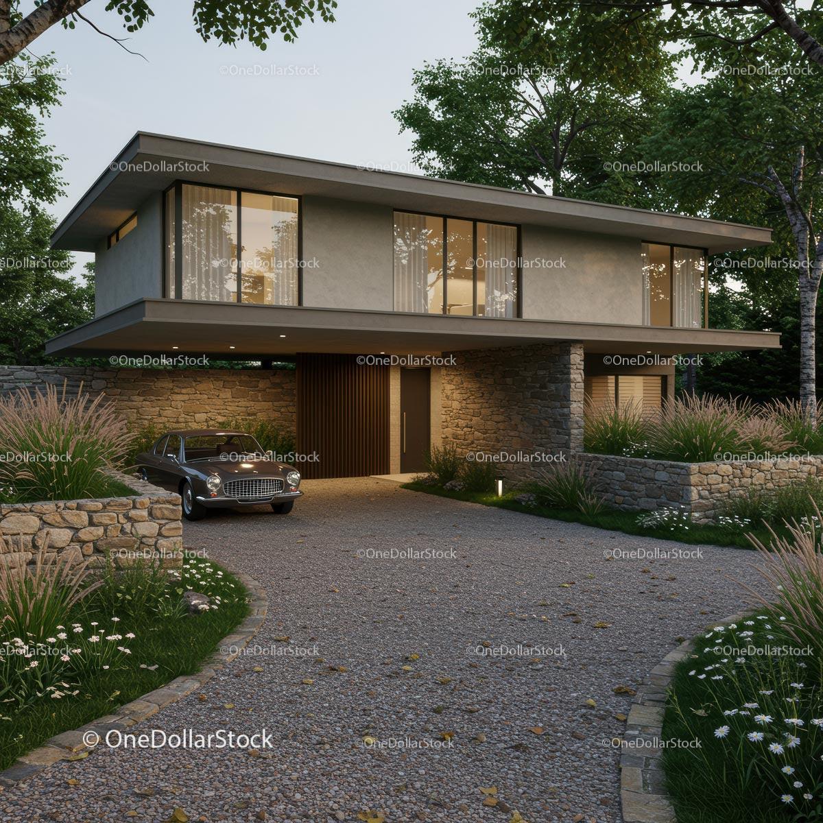 Modern Luxury Home with Classic Car and Lush Greenery