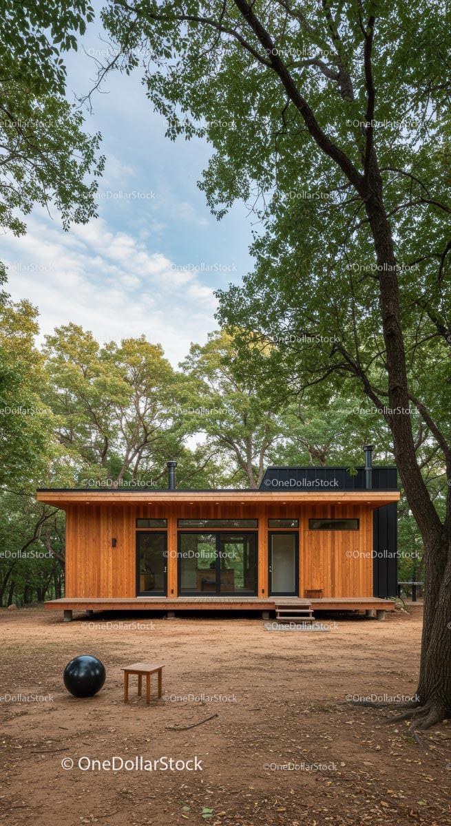 Modern Wooden Cabin in Tranquil Forest Setting