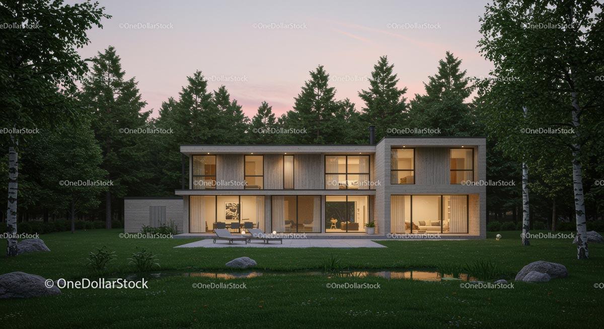Modern Wooden House in Serene Forest Setting at Dusk