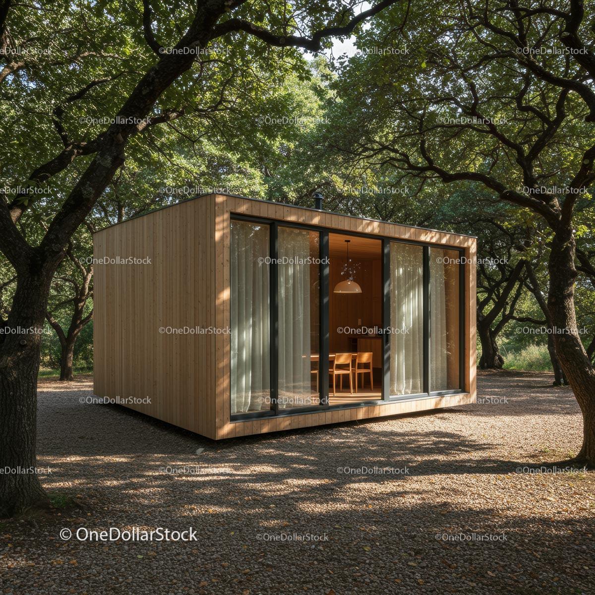 Modern Wooden Cabin Amidst Tranquil Forest Setting