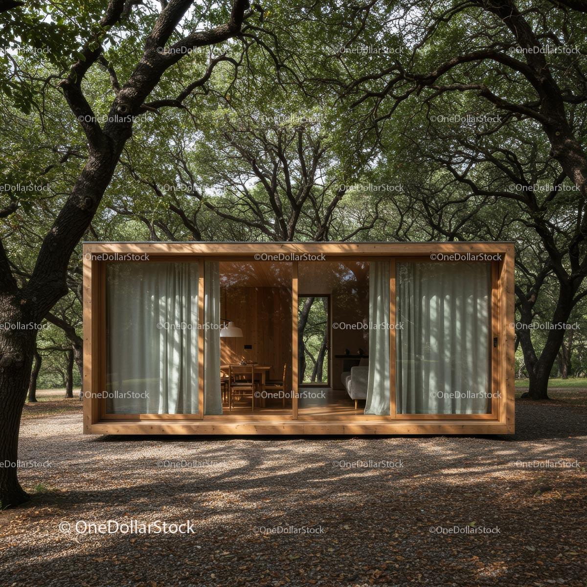 Modern Wooden Cabin in Tranquil Forest Landscape