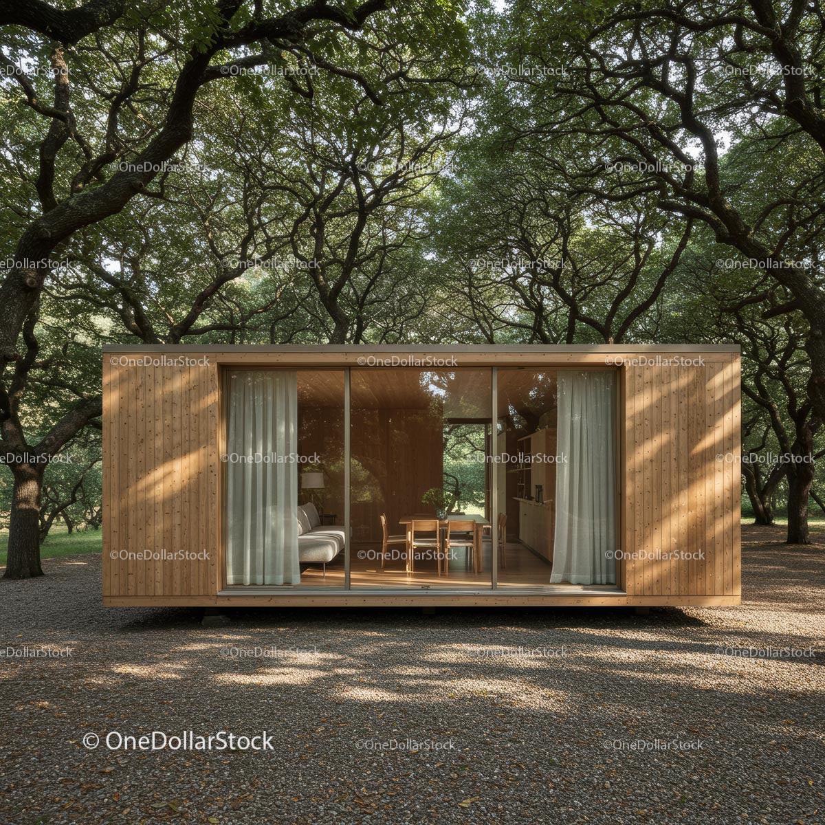 Modern Wooden Cabin in Serene Forest Setting