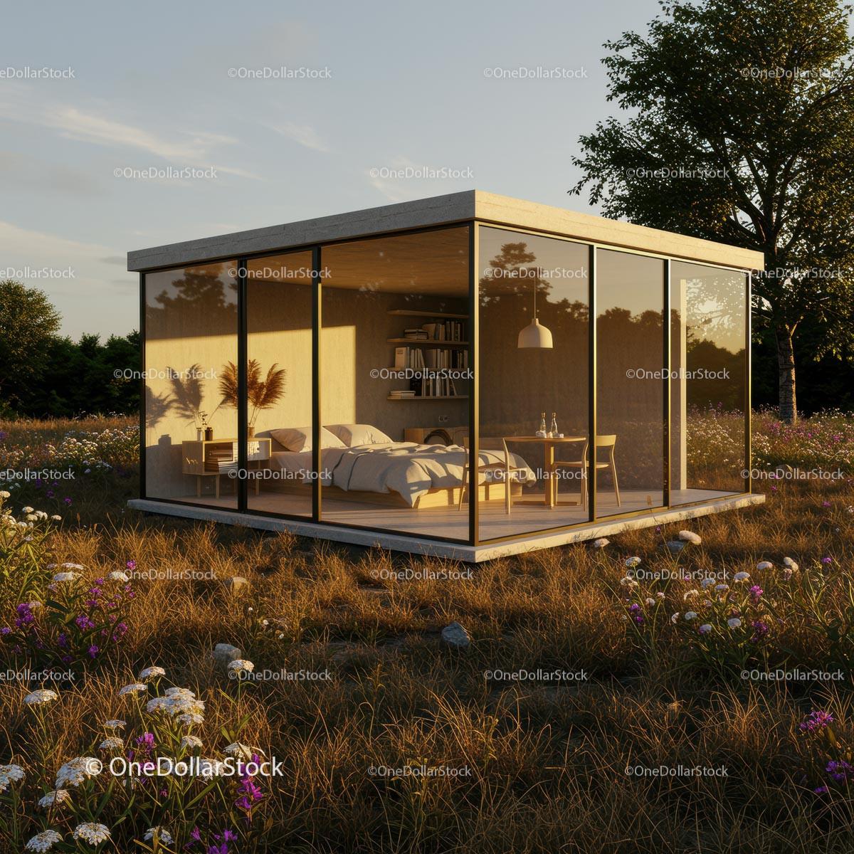 Modern Glass House in a Serene Natural Setting at Sunset