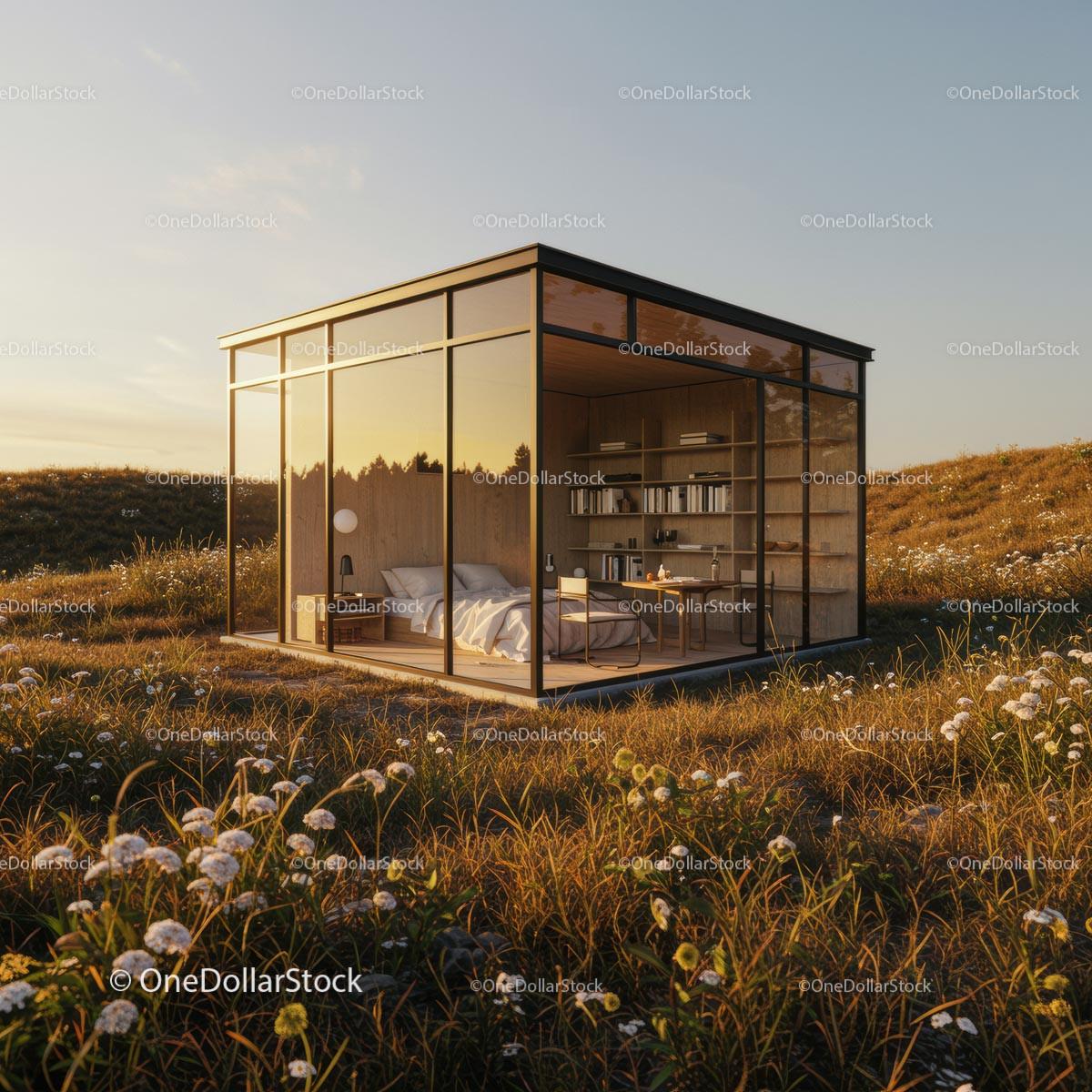 Modern Glass House in Serene, Sunset-Lit Landscape