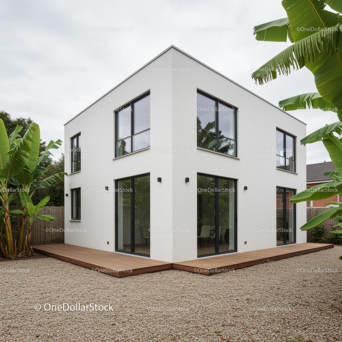 Contemporary White House with Banana Plants and Wooden Deck