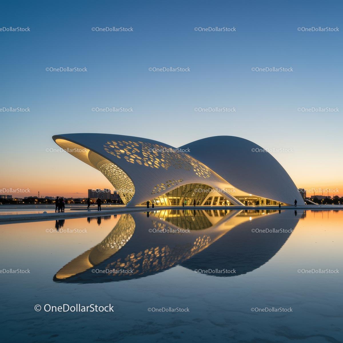 Futuristic White Building Reflected in Twilight Water