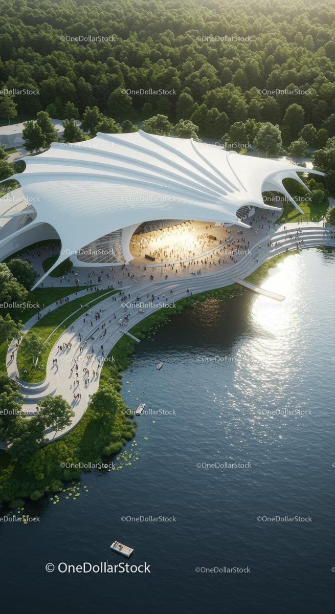 Futuristic Pavilion Overlooking Serene Riverside