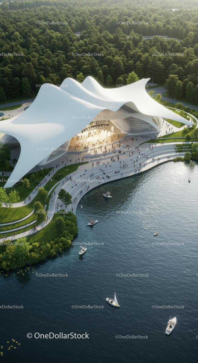 Futuristic Cultural Center by Scenic Waterfront