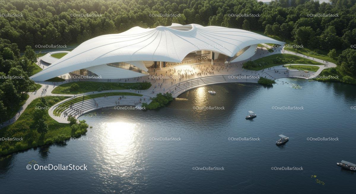 Futuristic Pavilion Overlooking Serene River