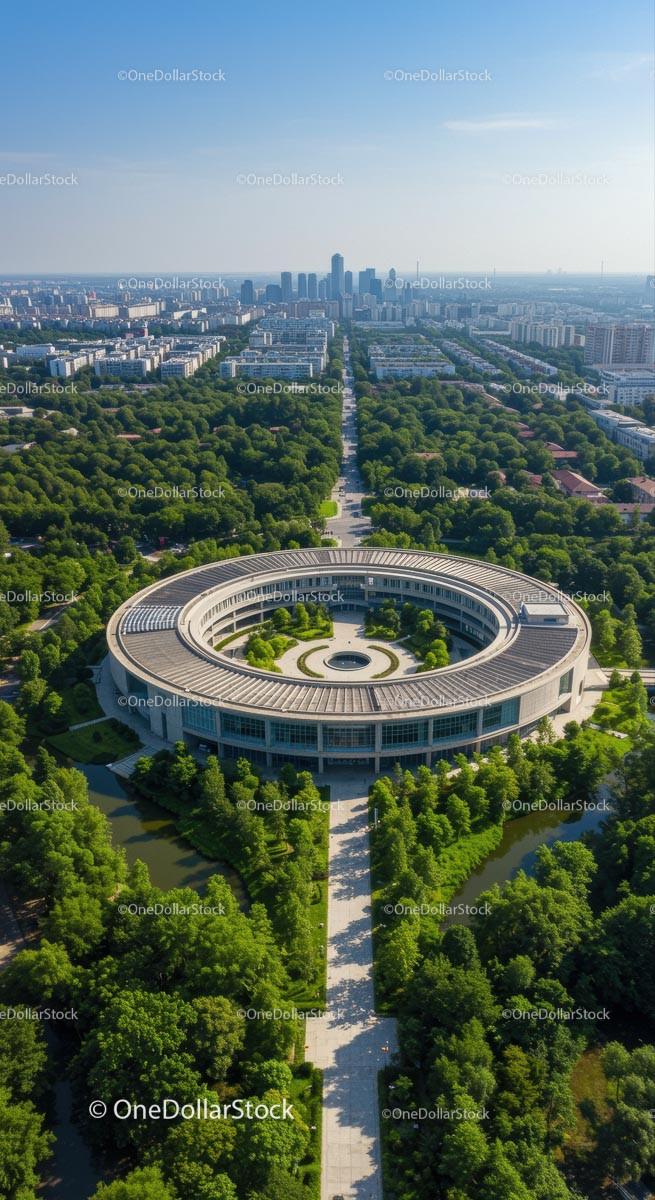 Futuristic Circular Building in Urban Green Oasis