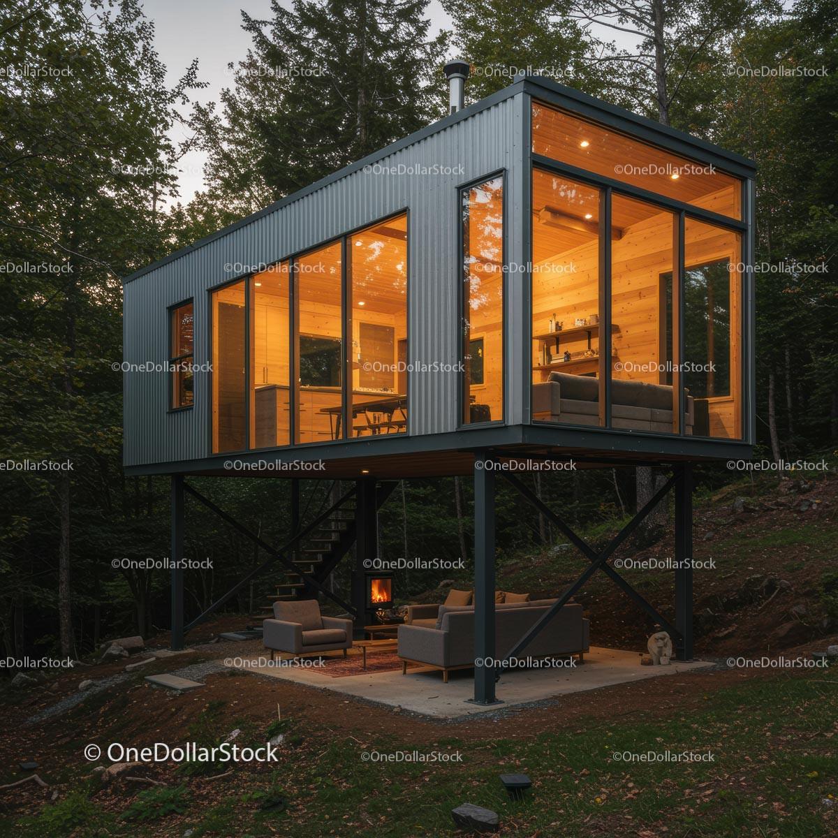 Modern Glass-Walled Cabin in Tranquil Forest Setting
