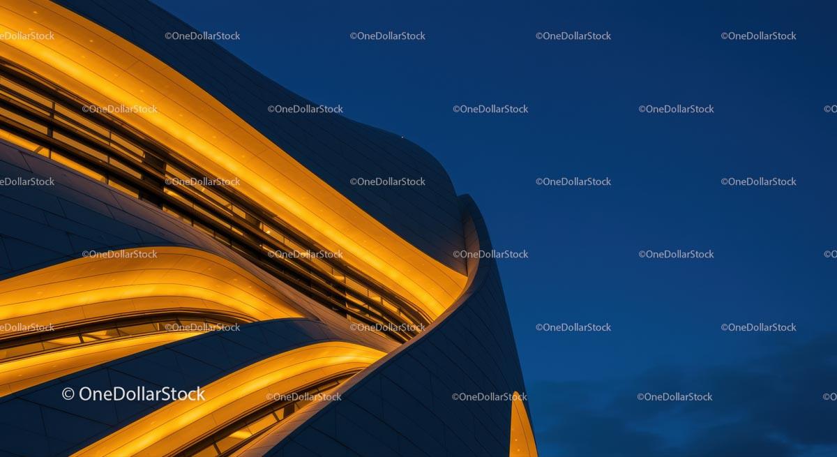 Futuristic Building Facade with Night Illumination