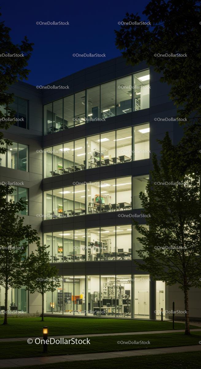 Modern Office Building Illuminated at Night