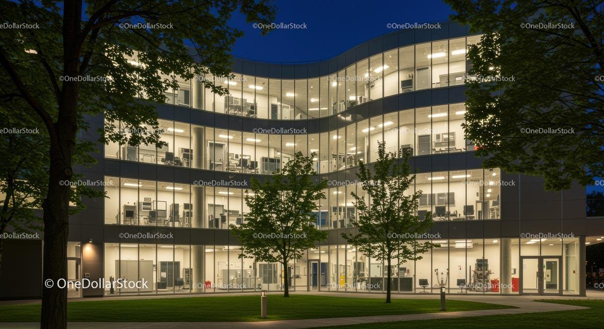 Modern Office Building Illuminated at Night