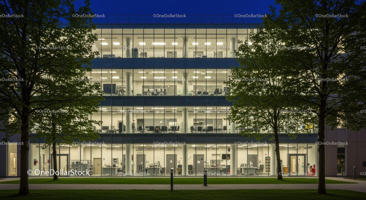 Modern Office Building at Night with Illuminated Windows