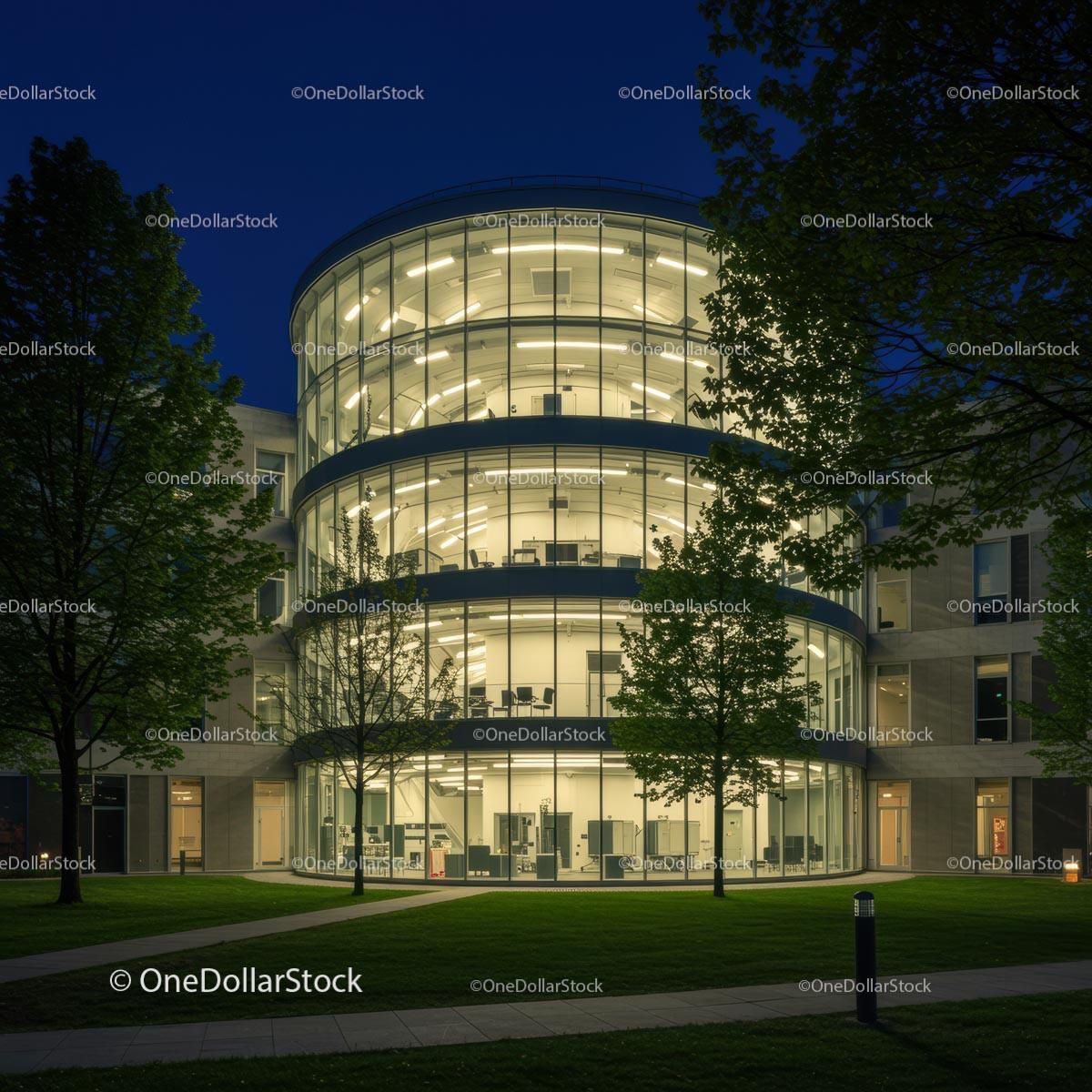 Illuminated Modern Office Building at Night