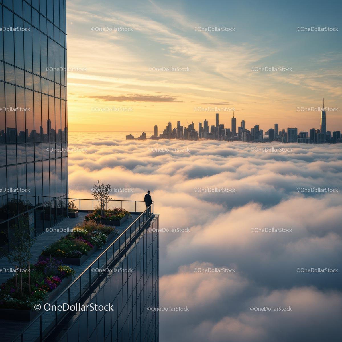 Skyscraper Balcony Above Clouds at Sunset