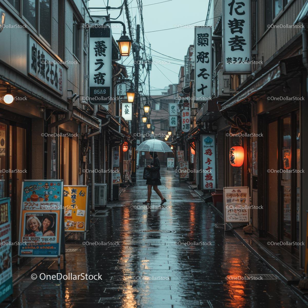 Rainy Night in a Traditional Japanese Alley with Lanterns