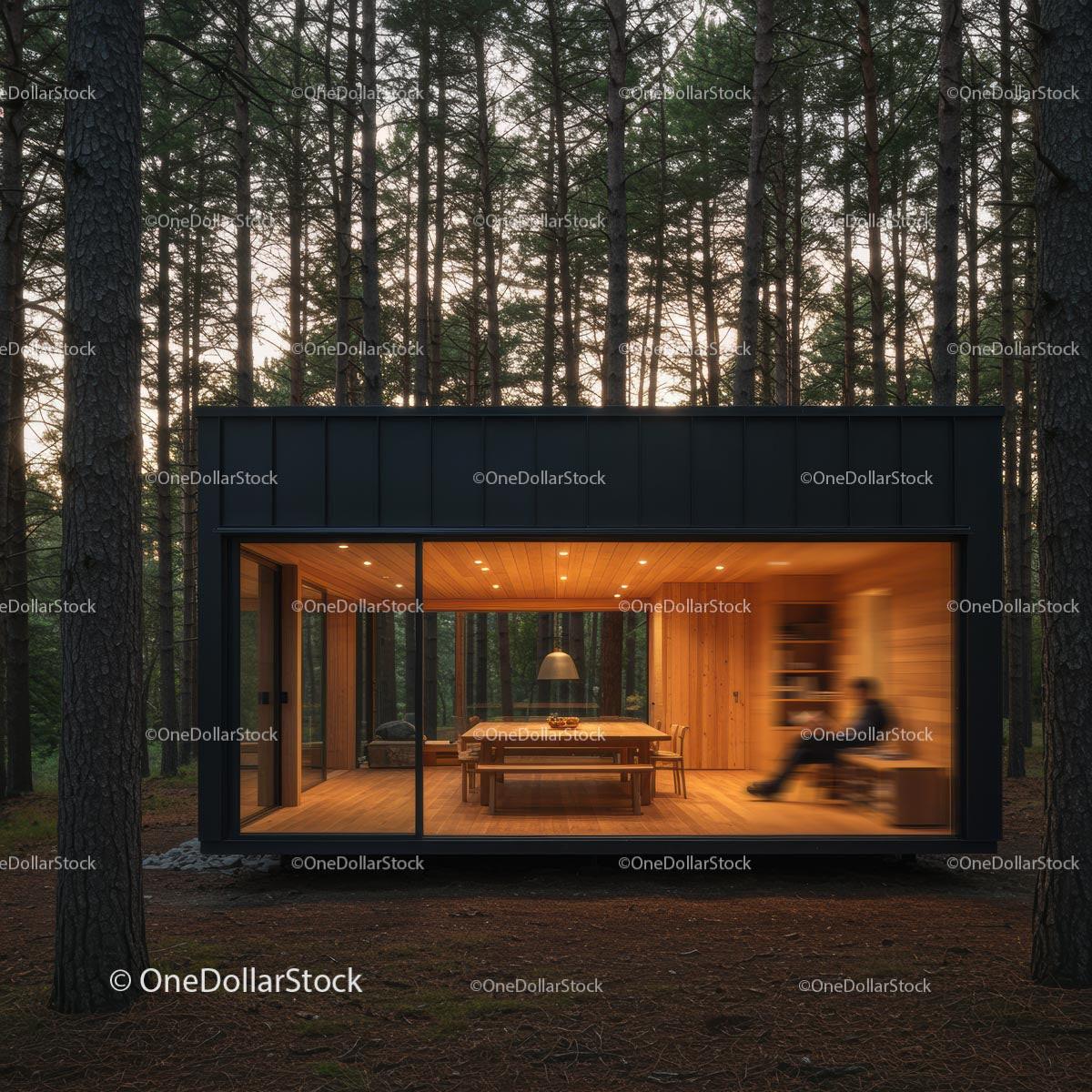 Modern Cabin with Glass Walls in Serene Forest Setting