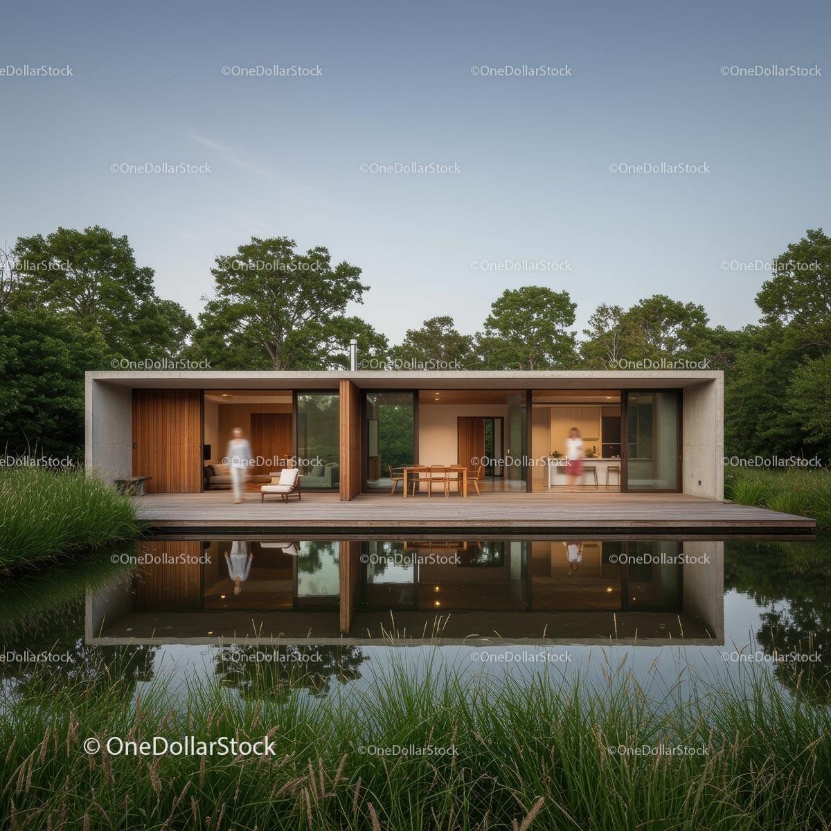 Modern Glass House Reflecting in Serene Nature Setting