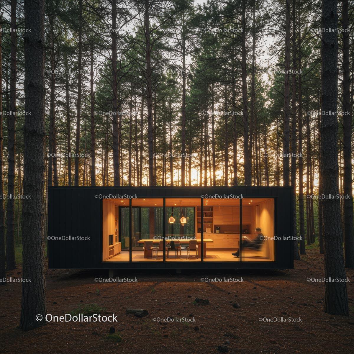 Modern Cabin with Glass Walls in Tranquil Forest Setting