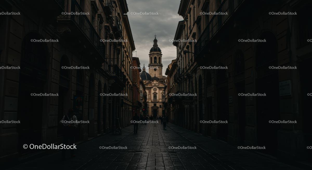 Historic European Street Leading to Baroque Church