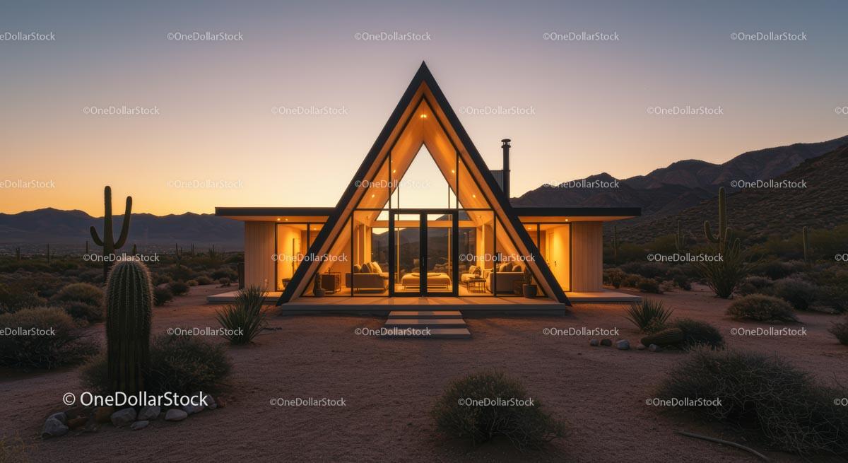 Modern A-frame Cabin at Sunset in a Serene Desert Landscape
